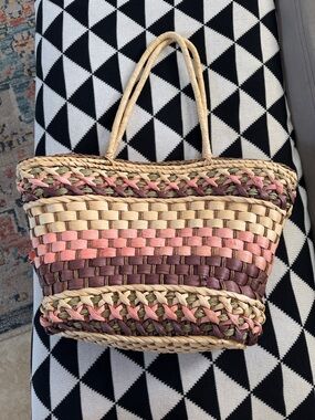 Woven Straw Tote Bag in Pink, Brown & Natural